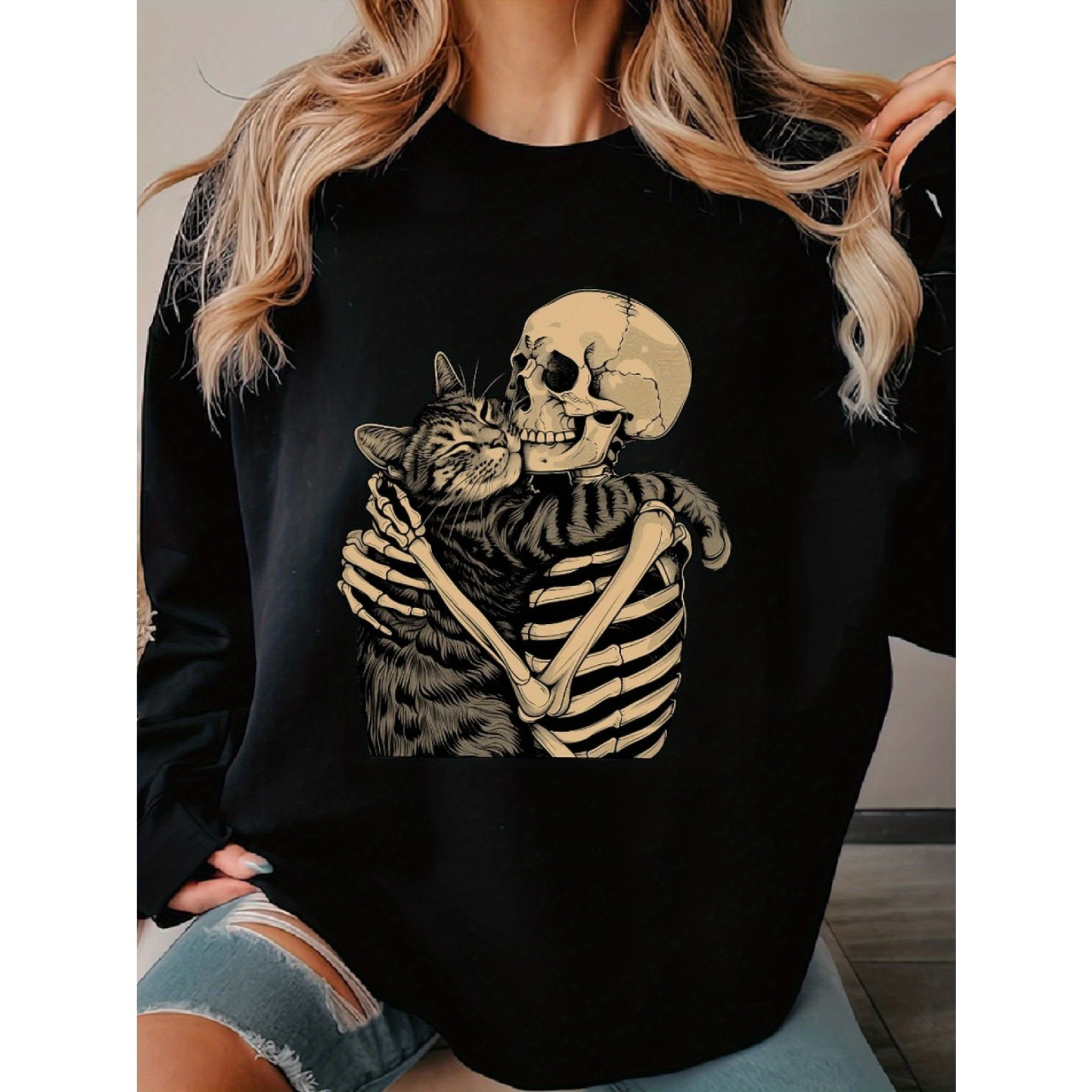 

1pc Women's Halloween And Cat - Long Sleeve Sweatshirt For /fall