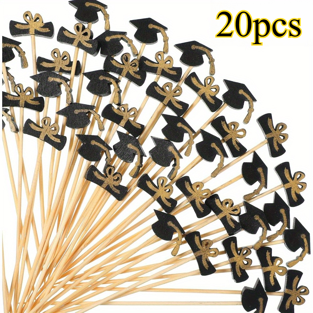 Image of 20/30pcs Set Of Graduation Cocktail Picks 4.7 Inch Bachelor Hat Bamboo Cocktail Toothpicks Wooden Cocktail Sticks For Graduation Sports Sandwich Picks (black, Gold)