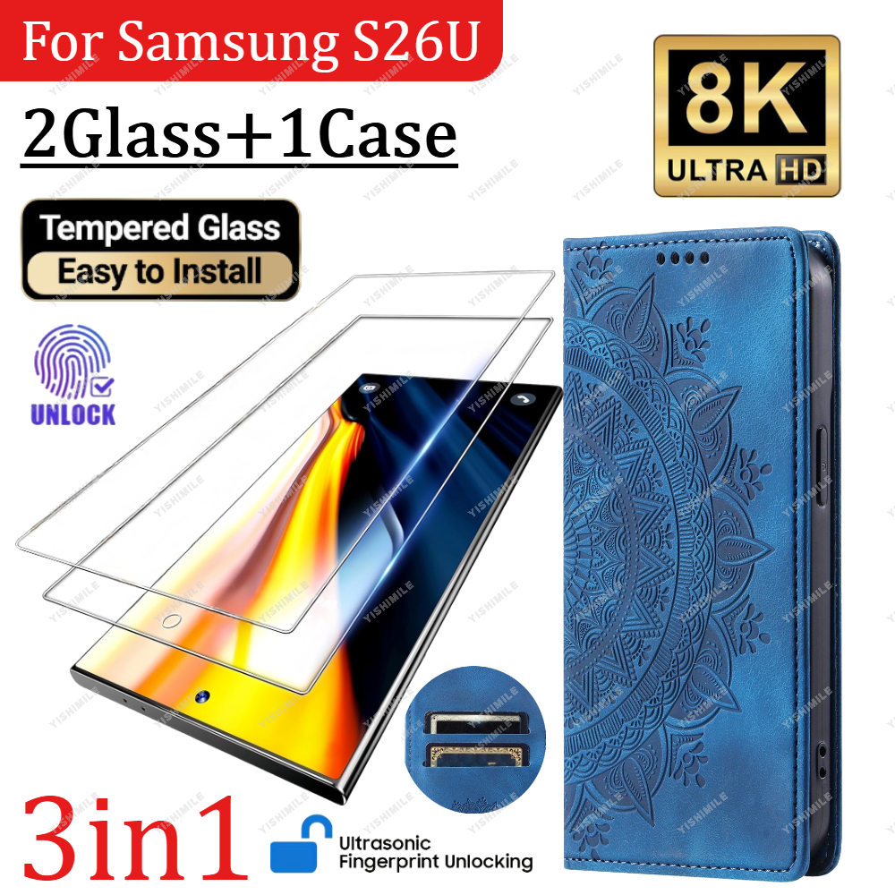 TEMU [3in1] 2pcs Glossy Finish Tempered Glass Screen Protectors With 1pc Blue Flower Patterned Flip Phone Case, For Galaxy S22 S22  S23 S23  S24 S24 
