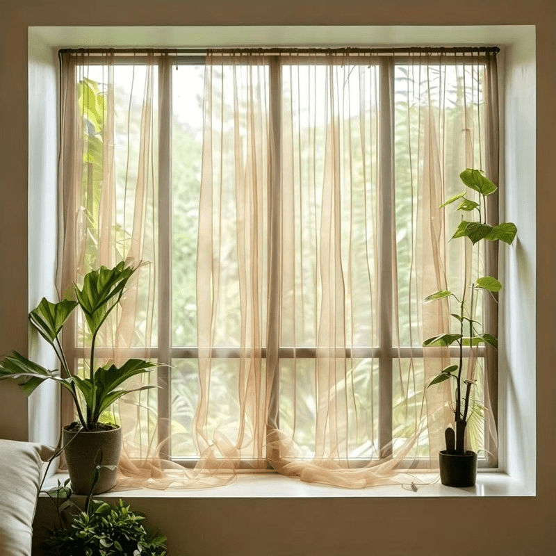 TEMU 2pcs Set Elegant Champagne Translucent Through-rod Gauze Polyester Light-transmitting Anti-insect Curtain Indoor Outdoor Dual-use Terrace