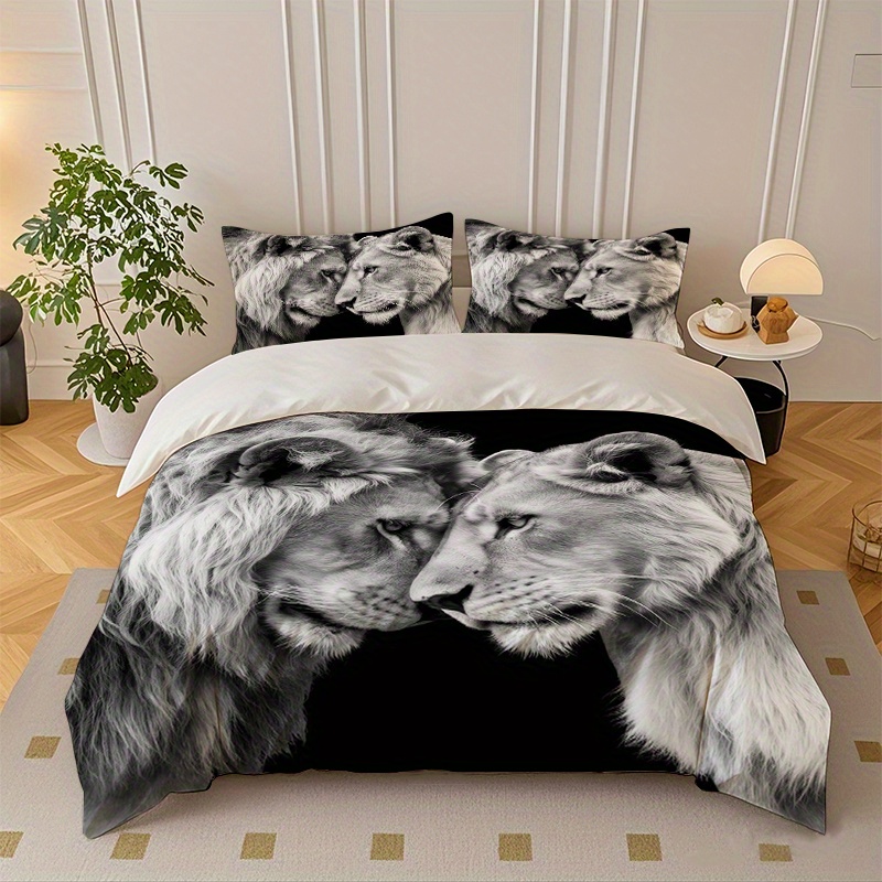 TEMU 2/3pcs Black And White Lion Embracing Printed Duvet Cover Set, Includes Bedspreads & Pillowcases - Perfect For Living Room Decor | Machine