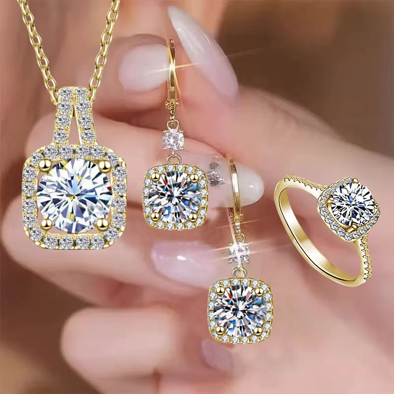 4pcs beautiful luxurious shiny   fashionable square necklace earring ring   commemorative jewelry versatile exquisite christmas birthday gift