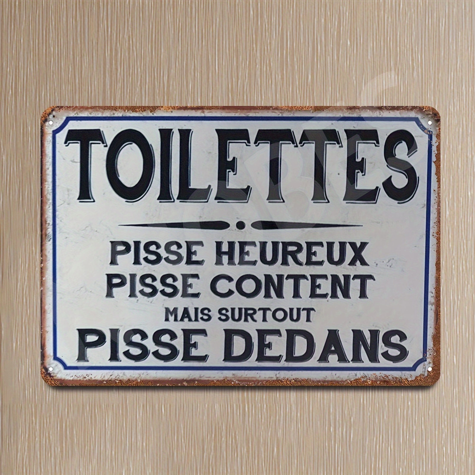 TEMU 2d Flat, 1-piece Retro French Toilet Sign - 3.85x7.98 Inches Decorative Wooden Wall Art With "toilet" Text In Rustic Blue And , Easy To Hang For