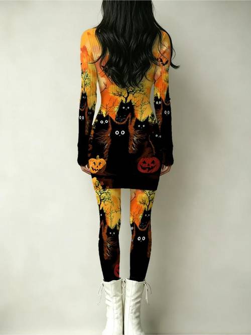 womens for halloween dress set mixed colors multiple specifications spooky bat and cat and pumpkin fabric suitable for halloween party and cosplay festive and style