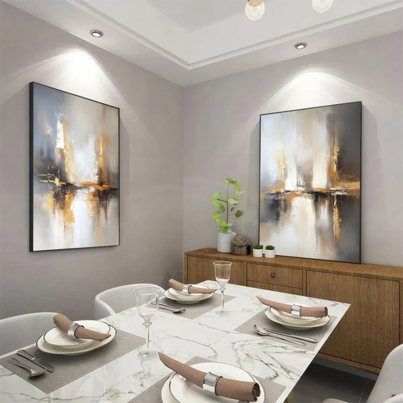 2pcs Impressionist & Minimalist Abstract Cityscape Oil Painting Set - Hand-Painted Beige & Golden Tone Large-Scale Inspired Canvas Wall Art Panels (Unframed) for Modern Living Room, Bedroom, Office Decor - Neutral Palette Luxury Paintings