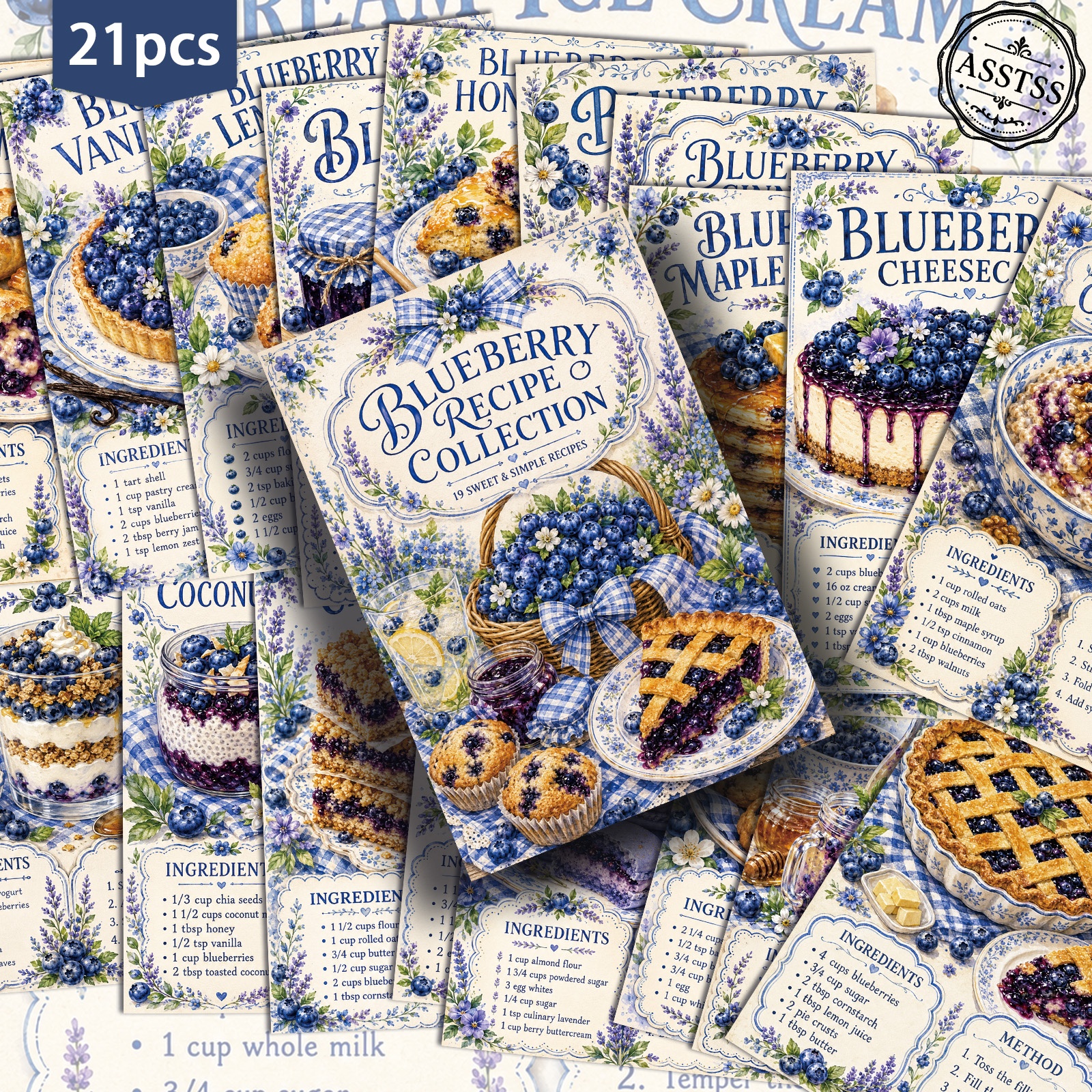 TEMU 21-pack Asstss Vintage Blueberry Dessert Recipe Postcards Suitable For Scrapbooking & Crafting - Retro Pinup Recipe Cards With Classic