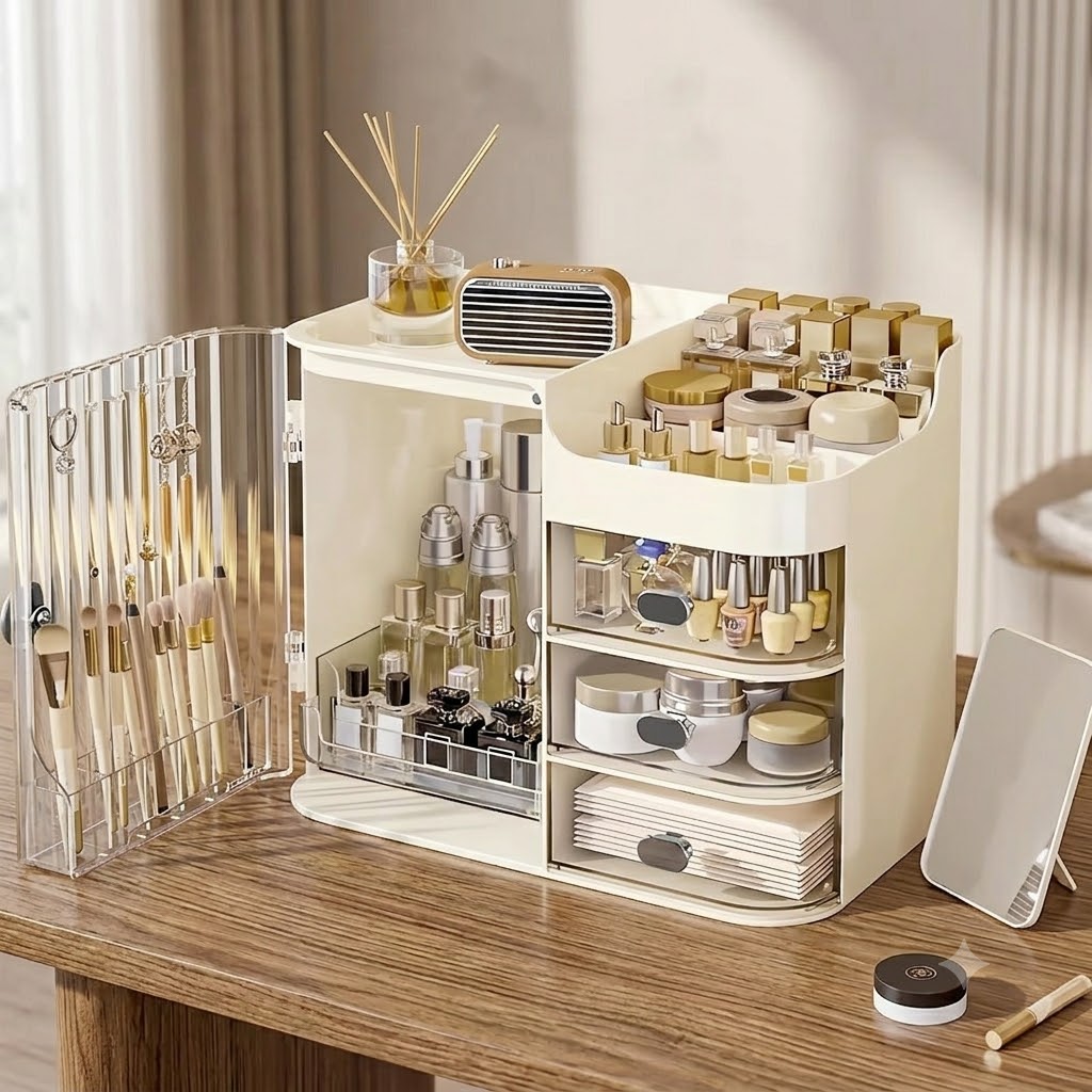 TEMU Makeup Organizer For Vanity, Large Capacity Makeup Storage Organizer With 3-layer Drawers And Mirror, Cosmetics Display Case Make Up Organizers