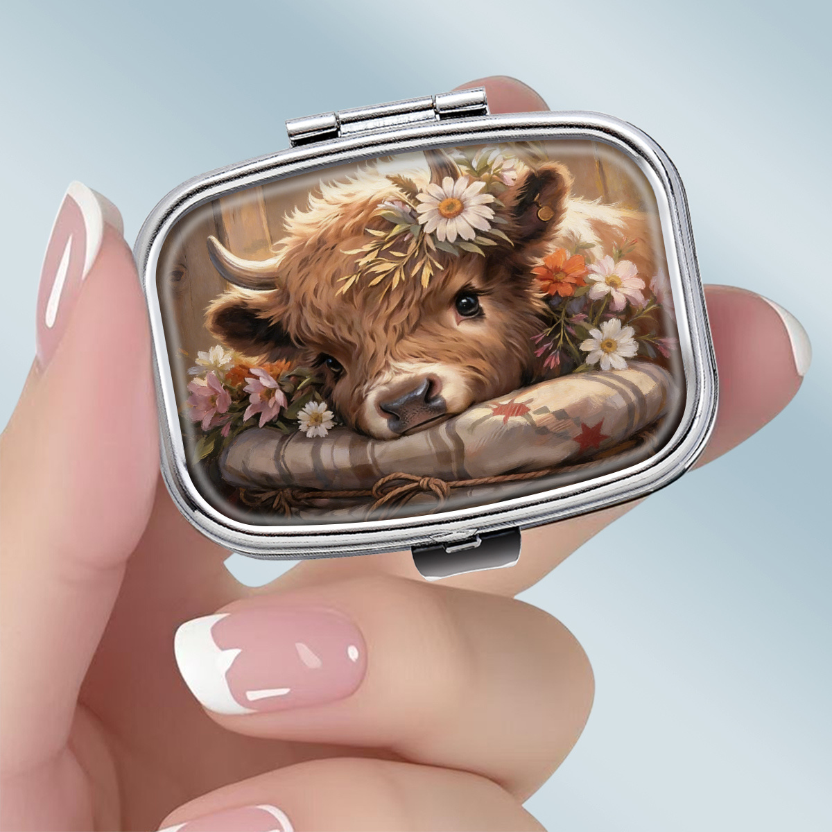 TEMU 1pc Soft And Cute Countryside Style Flower Ornament With Small Cow Theme Pattern -grid Medicine Box - Portable Medicine And Vitamin Storage Box,