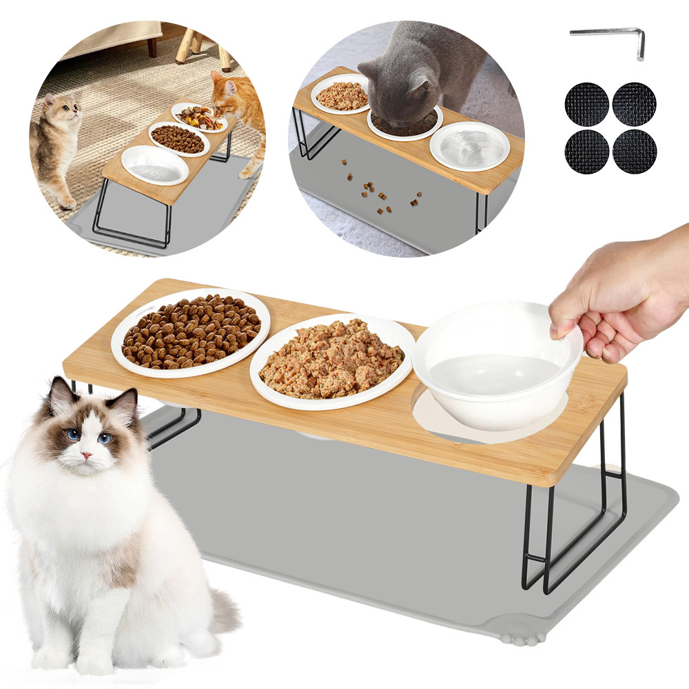 3-bowl Elevated Dog & Feeder With 15° Tilt Raised Pet Dish, Non-slip Mat & Bamboo/metal Frame - Heavy-duty Ceramic Bowls, Easy To Assemble For Wet/dry - Compatible With Cats And Small Dogs