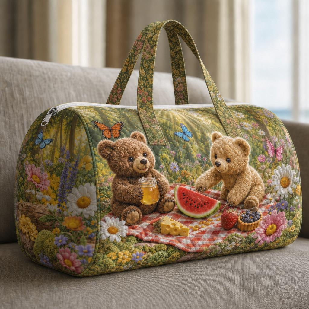 Quilted Teddy Bear Picnic Weekend Travel Bag: This Large Capacity Overnight Travel Bag And Style Handbag Features Of Grass, Flowers, Butterflies, And Summer Cuisine, 2d Printed Design