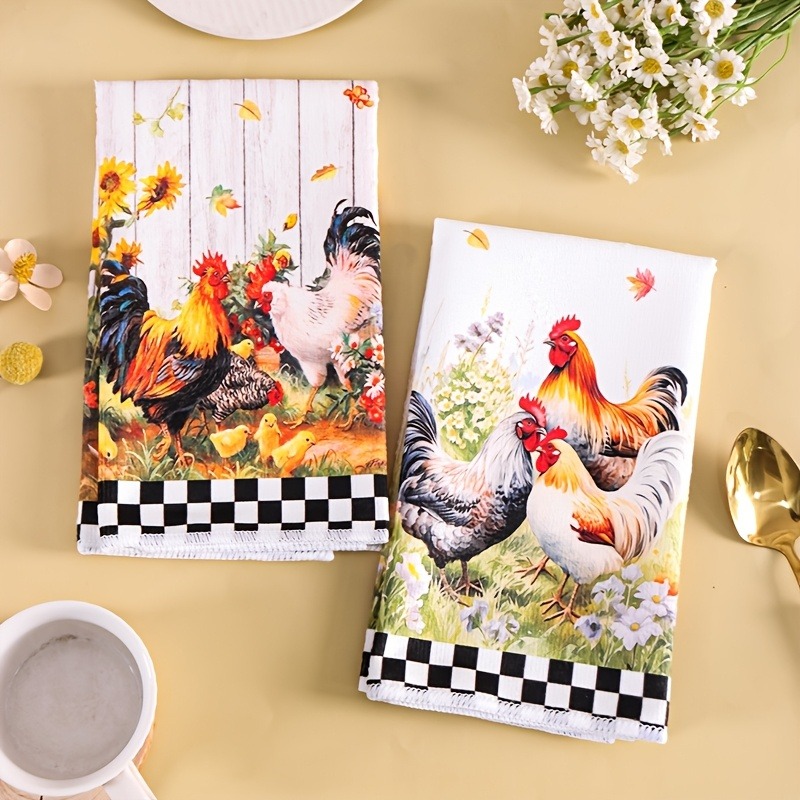 TEMU 2pcs Dish Towels With Black And White Checkered Farm Chicken Flock And Sunflower Pattern, Unique, Beautiful, Practical, And , Featuring A Style.