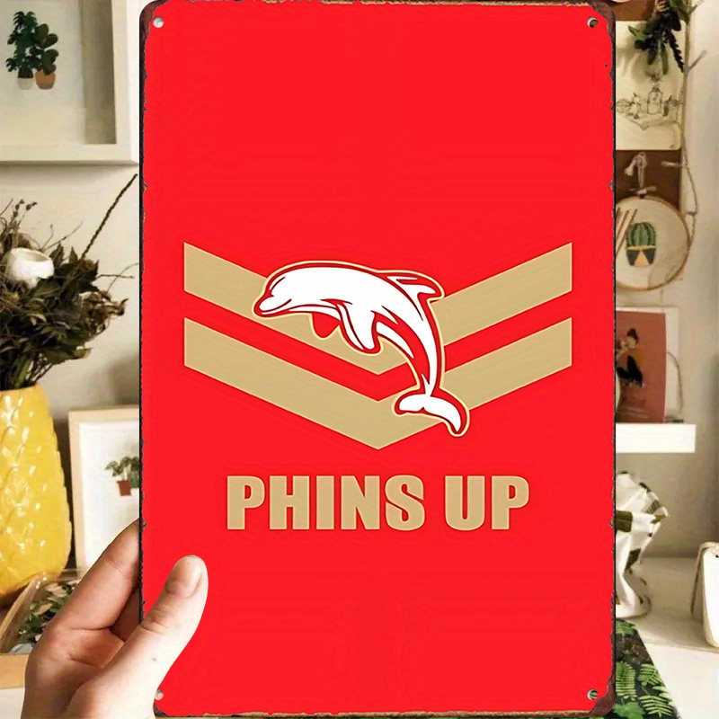 TEMU 2d Flat - A 2d Flat Metal Sign Featuring The ' Up Dolphin Emblem', Measuring 20.32cm X 30.48cm. This Creative Sign Is Ideal For Decorating