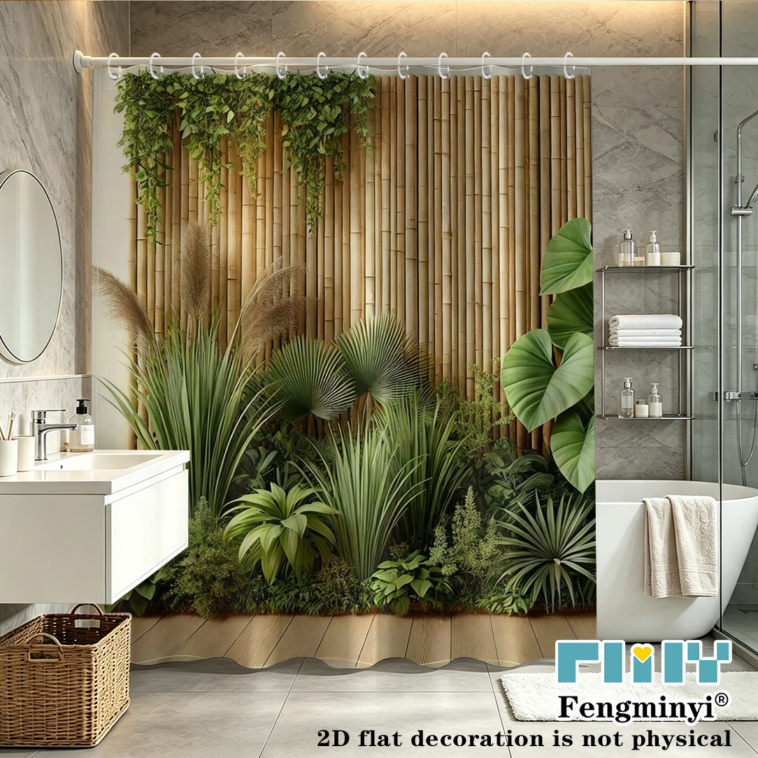 TEMU 2d Flat, 2d Curtain, 1pc Screen With Green Plant Decorative Print Shower Curtain, Bathroom Decor Printed Shower Curtain With Hooks, Multiple