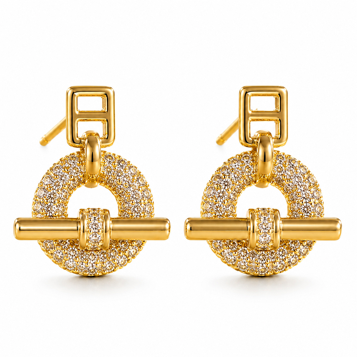 TEMU 2pcs Élégants Boucles d'Oreilles Géométriques en Cuivre avec Incrustée, Boucles d'Oreilles Pendantes Brillantes à Pavé, Barre Ouverte en Cercle,
