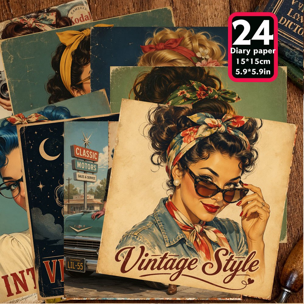 TEMU 24 Fogli di Carta per Scrapbooking a Tema Dama .9�5.9 Pollici con Femminili Classici, Illustrazioni di Fotocamera e Telefono Retr簷, Ideali per