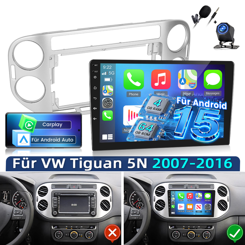 Image of 4gb+64gb 15 Autoradio Radio For Vw Tiguan 5n 2007-2016 Car Stereo With Auto, 9 Inch Ips Screen Radio With Gps Navi, Wifi, Eq, Swc, Fm Rds Radio With Ahd Camera And Mic