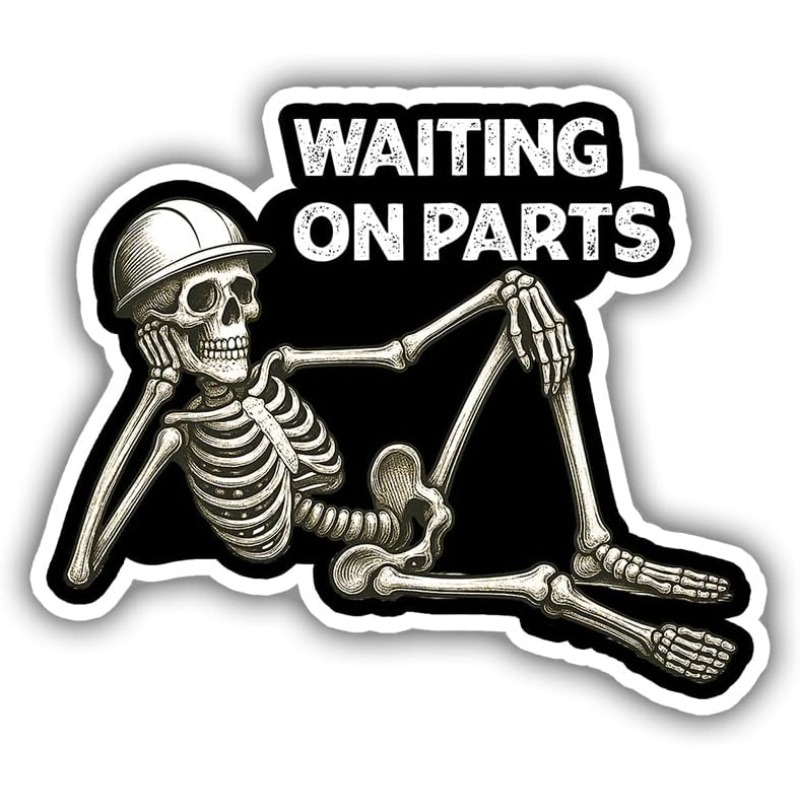 TEMU Funny Mechanic & Builder Sticker Waiting For Parts Decoration, Helmet Pattern, Matte Black & White Vinyl Self-adhesive Sticker, Suitable For ,