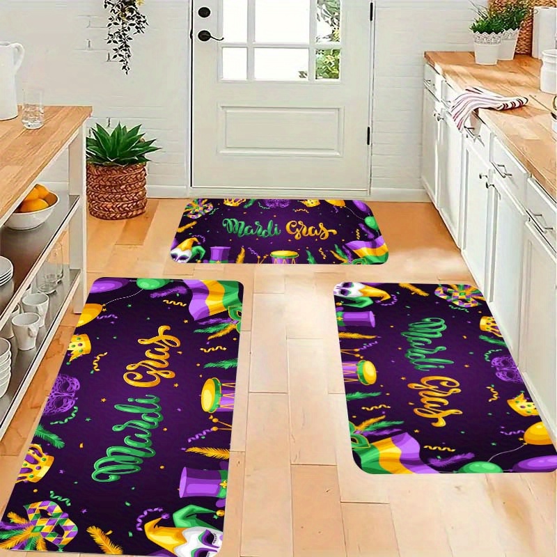 

1pc Thick Non-slip Kitchen Mat With Carnival Purple Mask & Crown - , Stain-resistant For Living Room, Porch, Balcony - Machine Washable Polyester Decor