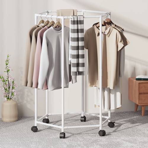 heavy duty freestanding rotating clothes rack with 4 wheel mobility and heavy metal frame space saving vertical storage for sturdy 4 leg base easy to assemble suitable for home laundry retail hotel heavy duty rotating clothes