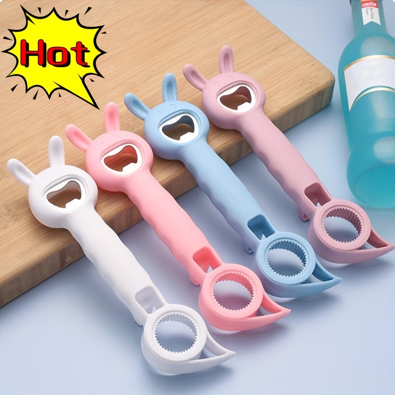 1pc Pink Multifunctional 4-in-1 Bottle Opener For , Beverage, Can, Jar,  With Easy Grips, Kitchen Tool