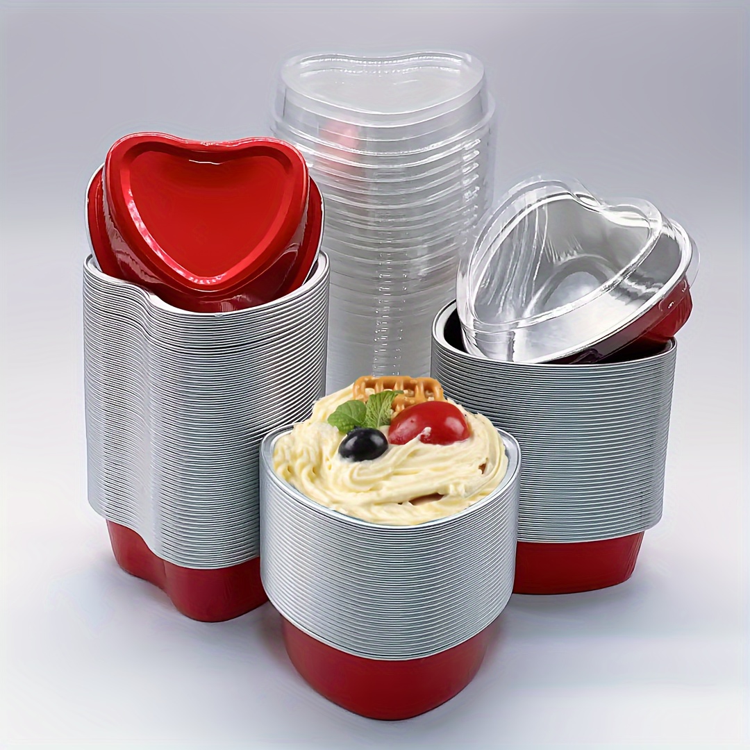 Aluminum Foil Cake Pan Heart Shaped Cupcake Cup with Lids 100 ml/ 3.4  ounces Disposable Mini Baking Cups Pan with Lid for Valentine Mother's Day  Wedding Christmas Birthday 