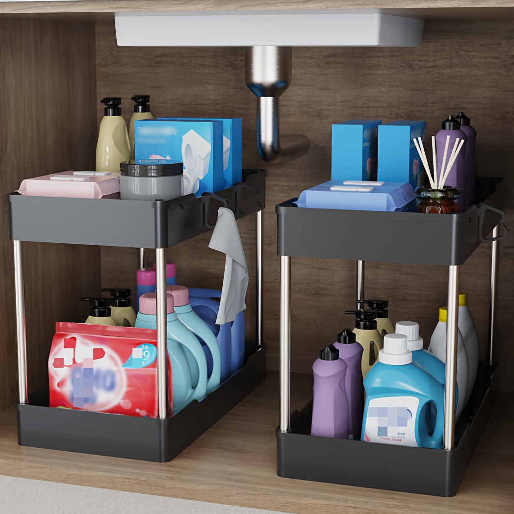 2 Pack Under Sink Organizers and Storage, Under Cabinet Organizer, Bathroom  Organizer Multi-purpose Under Kitchen Sink Storage, Under Sink Organizers  with Handles, 2 Cups and 4 Hooks. (Pink-2Pack) 