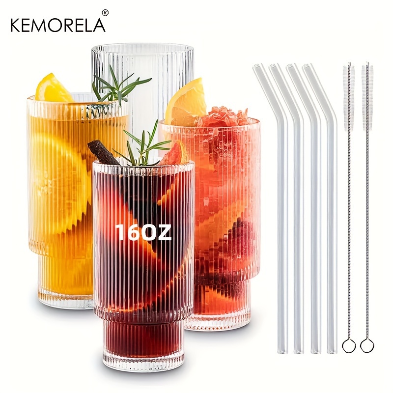 KEMORELA Drinking Glasses with Art Deco Cocktail Glasses Set of 4 Glass Cups, Arch Design Glassware, Trendy Ripple Glass, Beverages Ice Coffee Cup