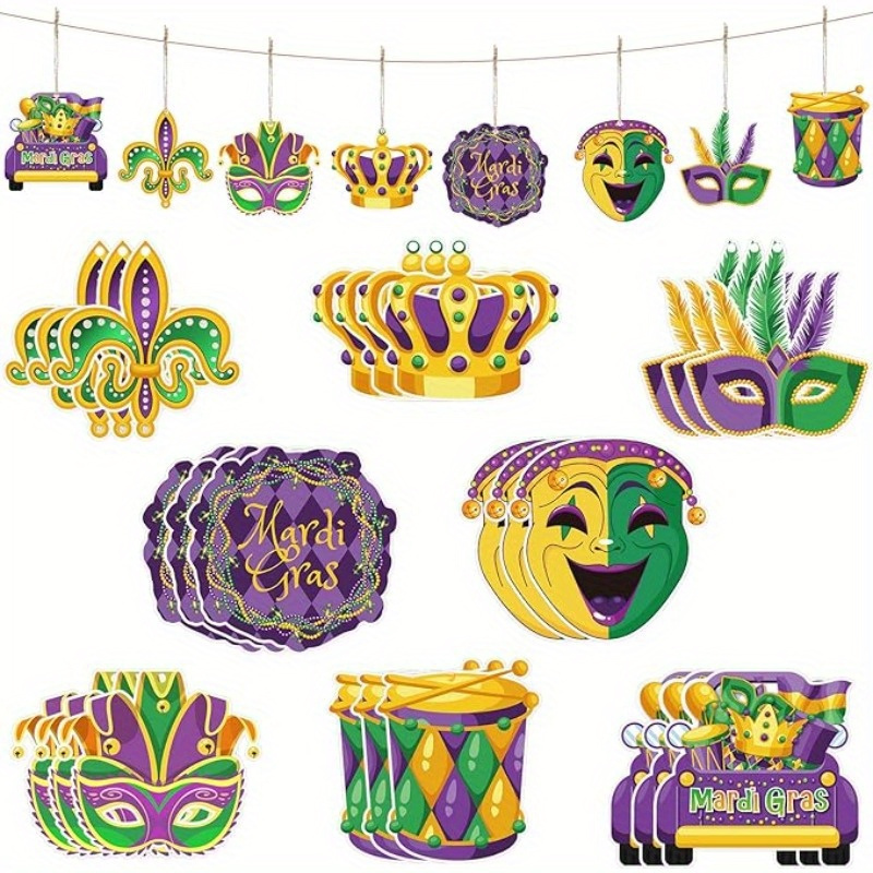36pcs/set Mardi Gras Wooden Ornaments Purple Yellow Green Hanging Ornaments  Tree Gnome Crown Mask Wooden Decorations