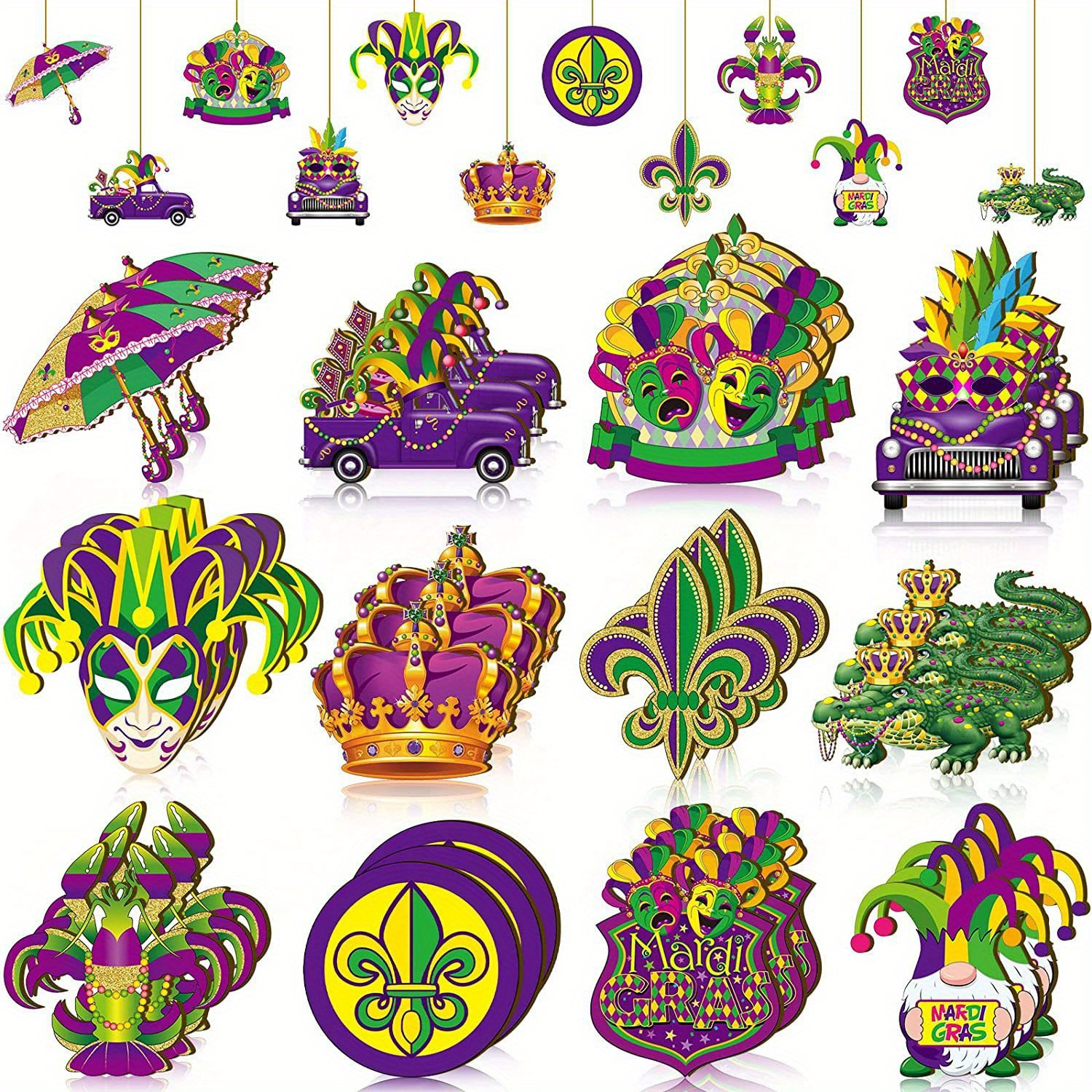 36pcs/set Mardi Gras Wooden Ornaments Purple Yellow Green Hanging Ornaments  Tree Gnome Crown Mask Wooden Decorations