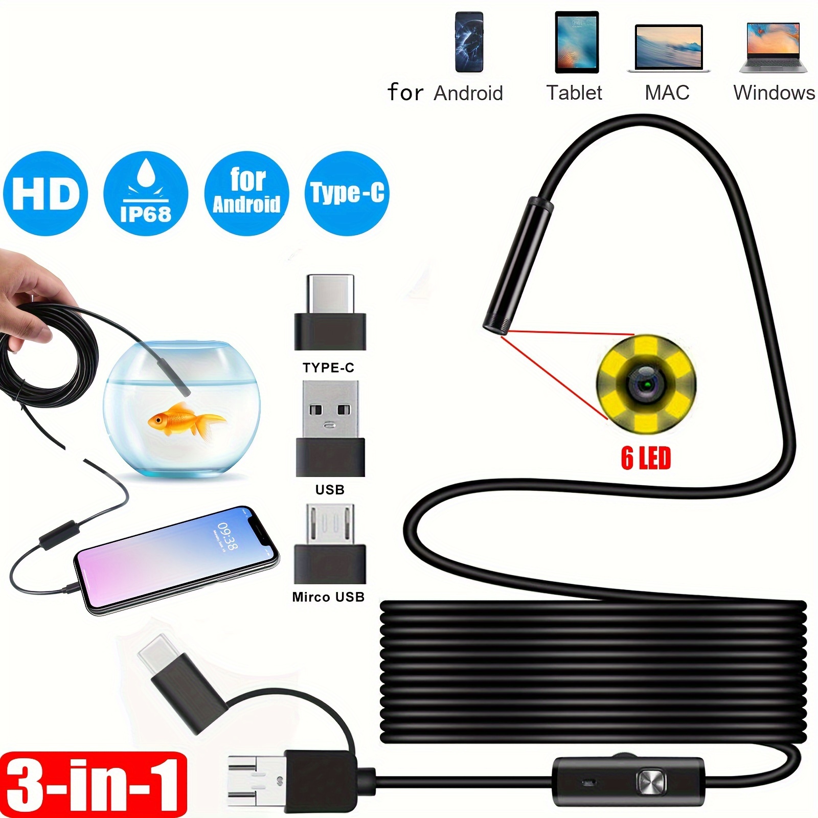 3 in 1 Endoscope Camera 7mm lens IP67 Waterproof Endoscopio USB Android for  Otg Type C Smartphone PC Snake Mini Camera