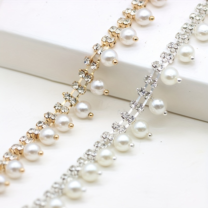 Faux Pearl Beads With Glass Rhinestone Chain For Diy - Temu