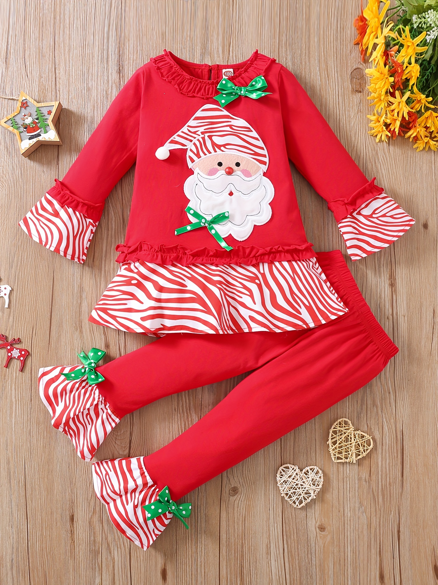 Kids Girls Casual Outfits Christmas Long Sleeve Santa Claus Print Dress  Leggings Pants Sequins Bow Headband Xmas Party Clothes Set