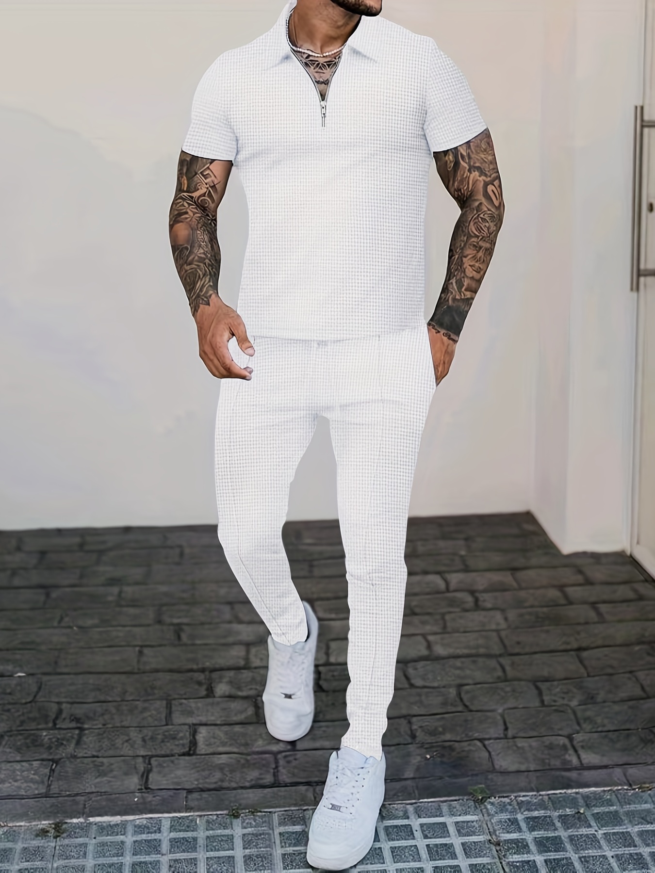 Mens Summer Outfit 2-Piece Set Waffle V-neck Polo T Shirt Shorts Sweatsuit  Set