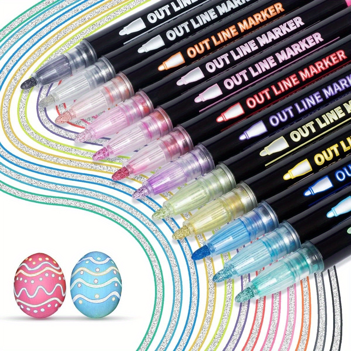 Doodle Outline Dazzles: 12 Colors Metallic Double Line Glitter Pens