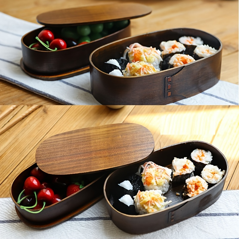 Wooden Lunch Box Japanese Bento Box Natural Food Carrier Oval Container  with 3 Grids for Salad Sushi Fruit Sandwich Office School 