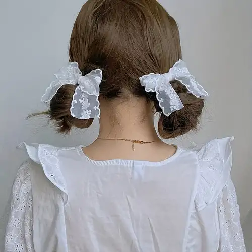 2Pcs/Set White Lace Bowknot Hair Clip, Hair Pin, Hair Barrette Duck Billed Clip Coquette Style Braided Hair Accessories,Bows,Temu