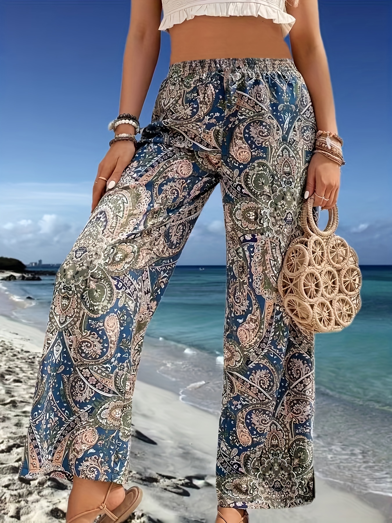 Pantalones Con Estampado Tropical, Pantalones De Pierna Ancha Con Cintura  Elástica Para Vacaciones, Ropa De Mujer