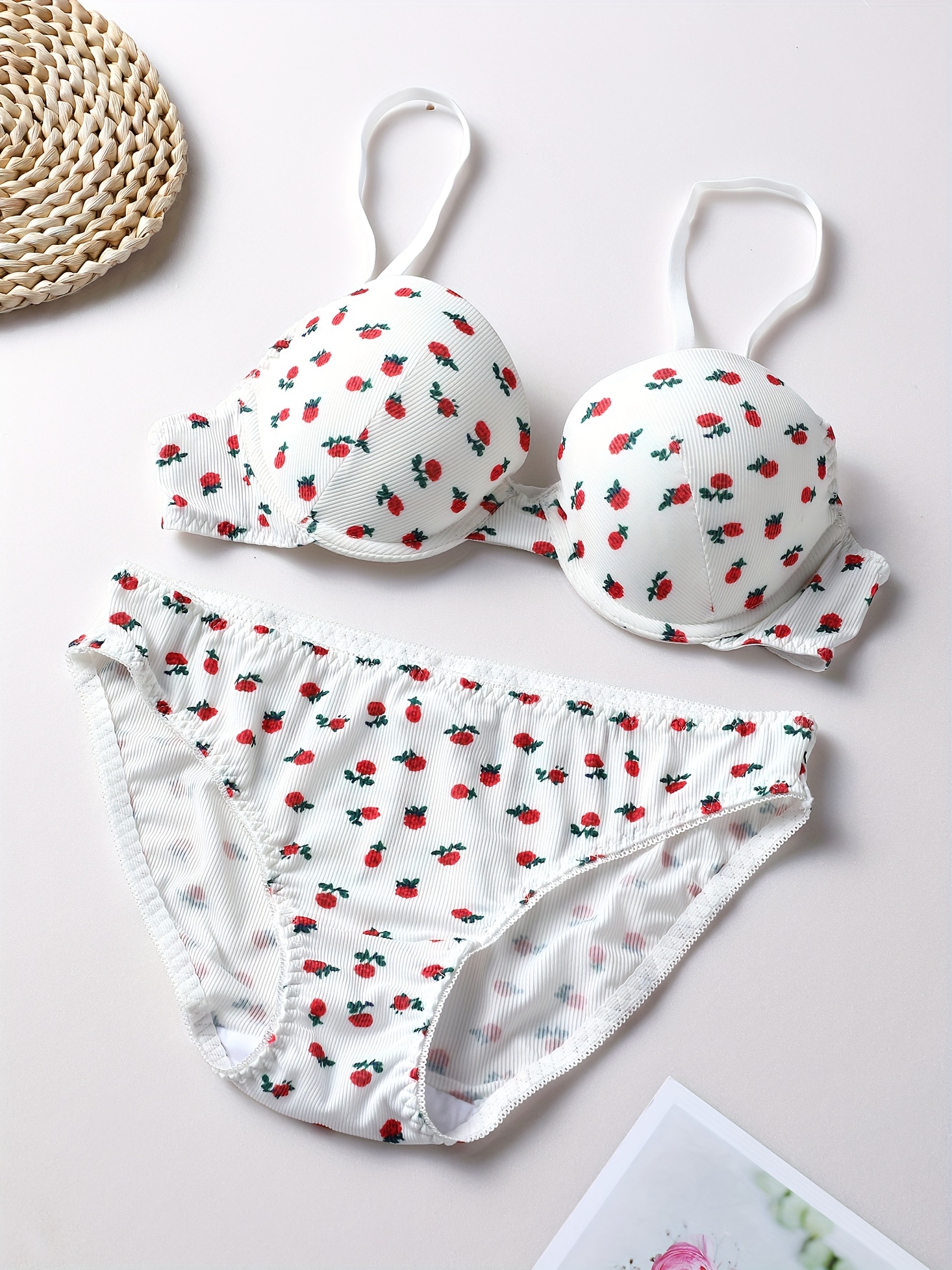 Strawberry Print Bra Panties Strapless Bra Elastic Panties - Temu