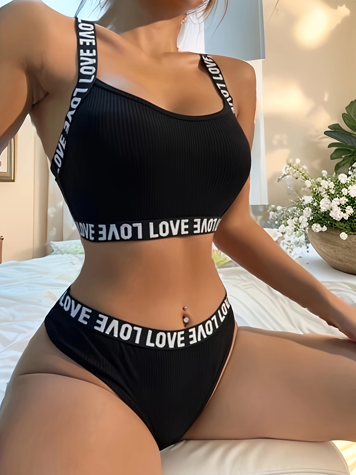 INTIMA Letters Printed One-Piece Glossy Push Up Bra And Panties For Women  Seamless No Wire Underwear Lingerie Set