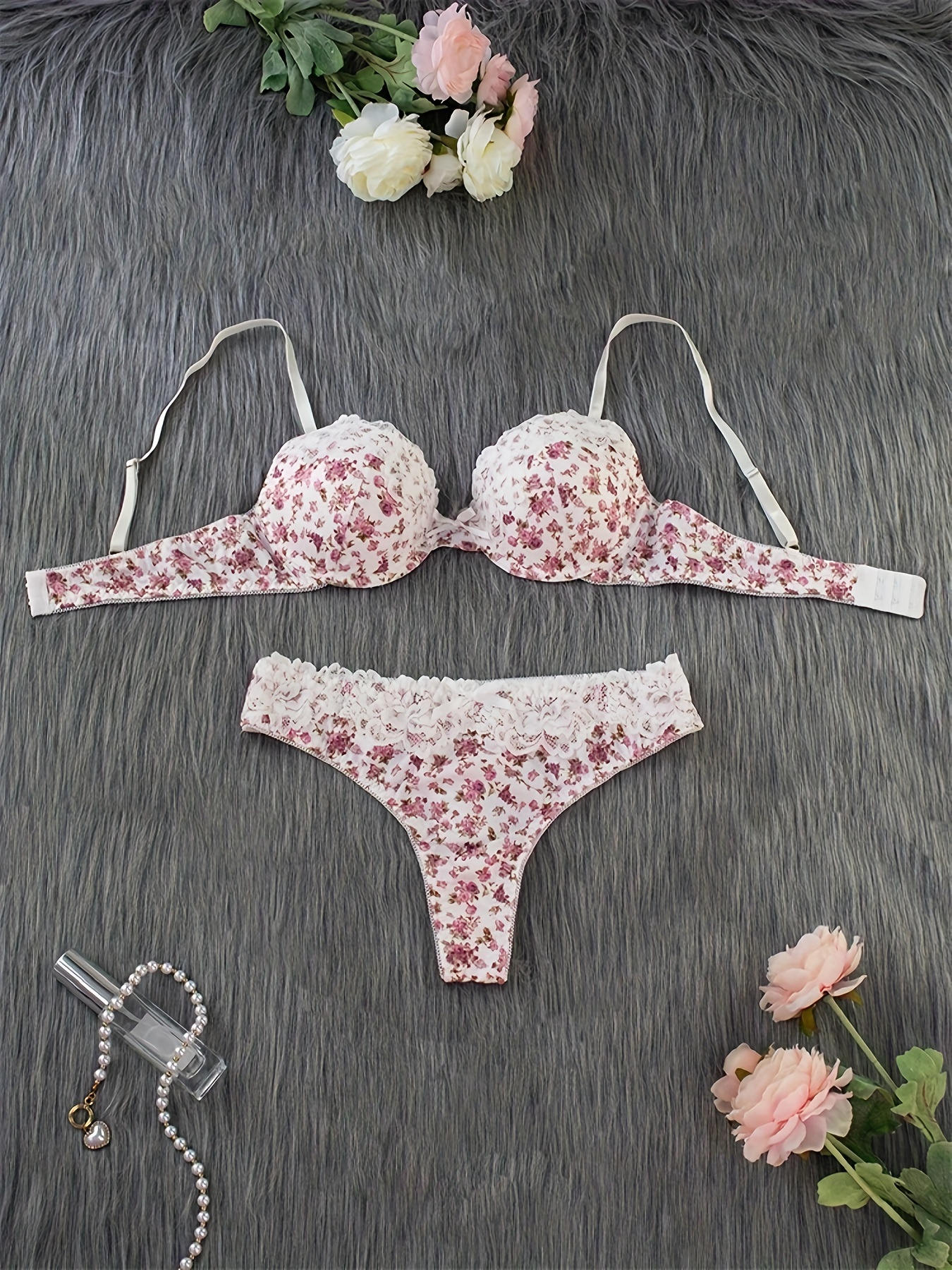 Strawberry Print Bra & Panties, Strapless Bra & Elastic Panties Lingerie  Set, Women's Lingerie & Underwear