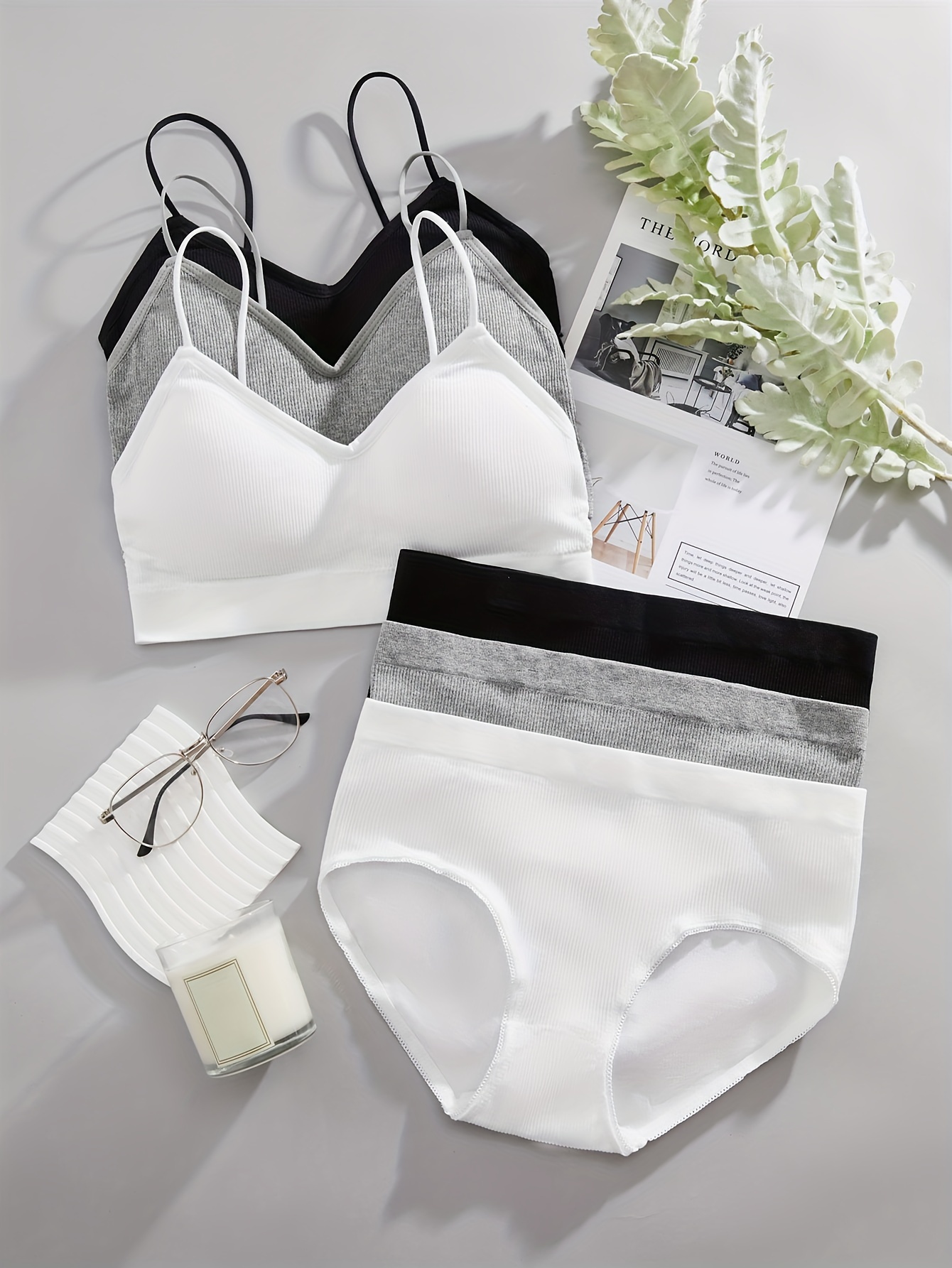 6sets Solid Ribbed Bra & Panty, Sporty Bra & Panties Lingerie Set, Women's  Lingerie & Underwear