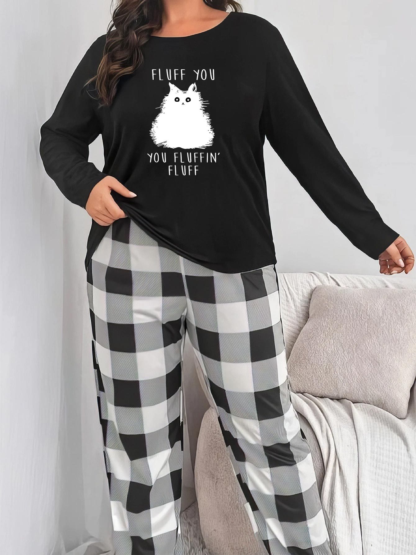 2-Piece Cute Pajamas Set, Strawberry Print Long-sleeve Pajama Top & Plaid  Comfy Long Pants, Women's Loungewear & Sleepwear