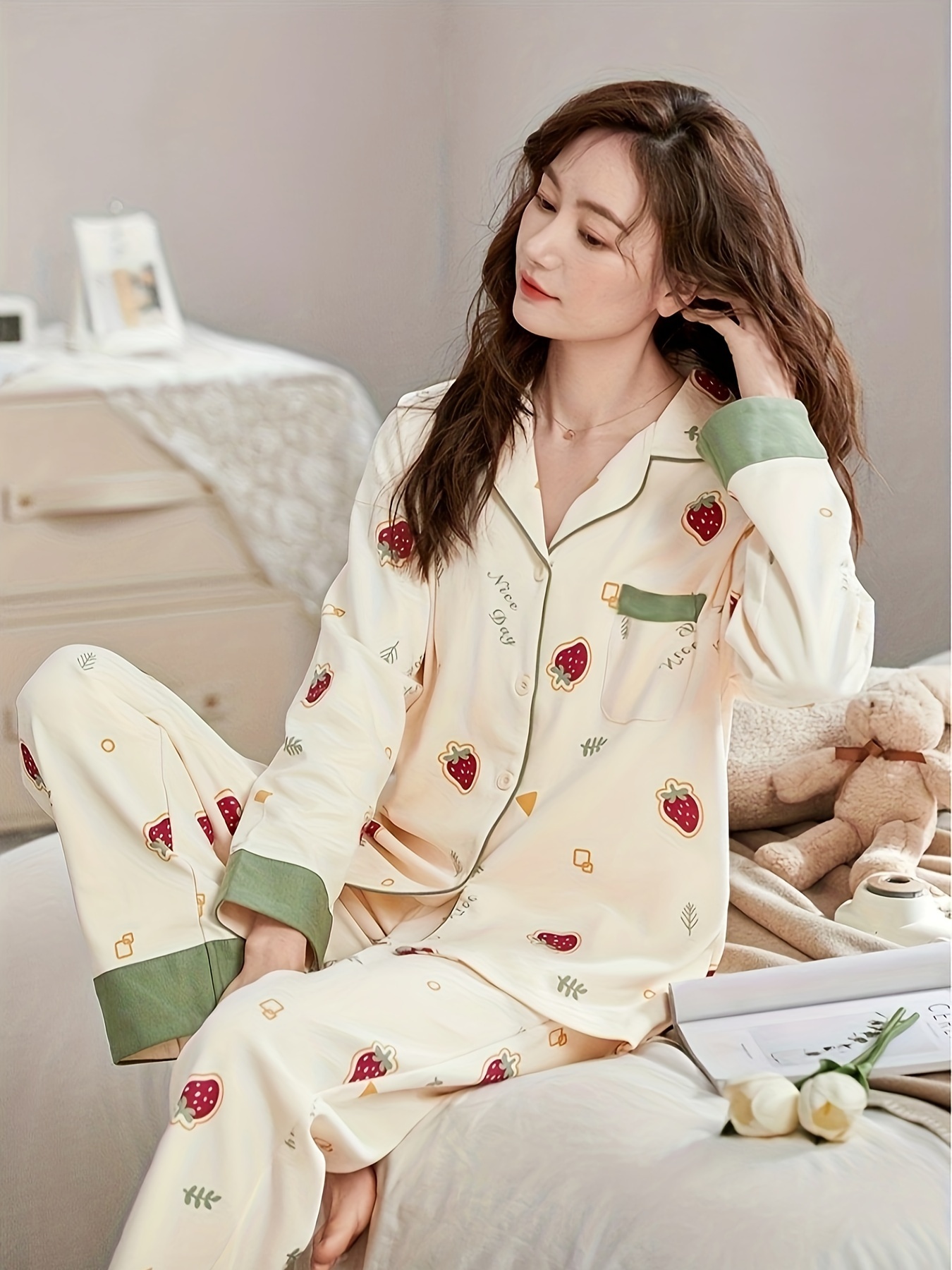 Heart Strawberry Print Pajama Set Cute Long Sleeve Round - Temu
