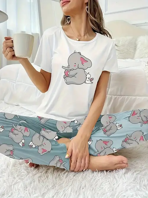Cute Floral Print Pajamas, Short Sleeve Pajama Top & Pajama Pants, Women's  Loungewear & Sleepwear
