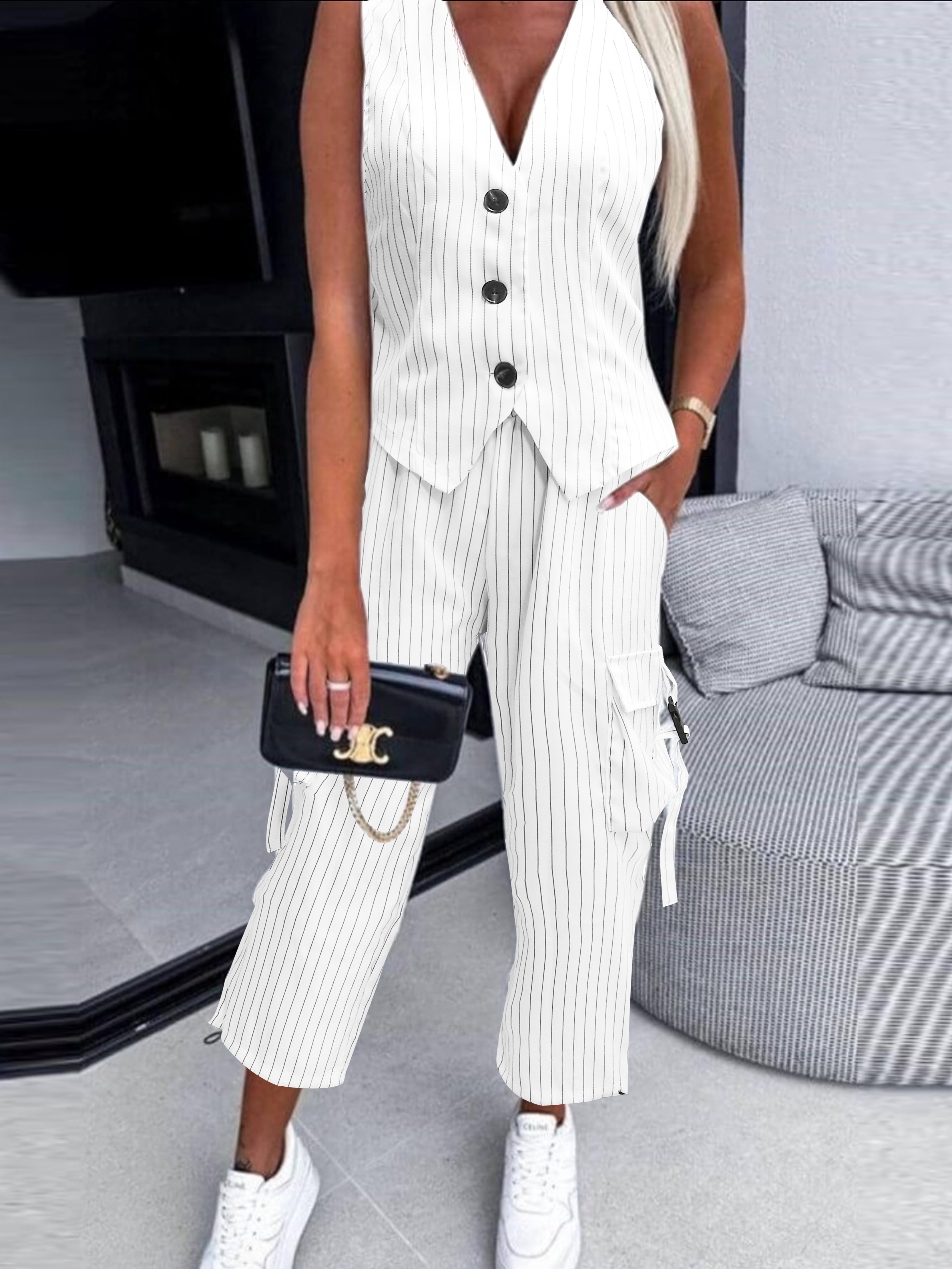 Elegant Solid Two-piece Set, Lantern Sleeve Wrap Tied Top & Wide Leg Pants  Outfits, Women's Clothing
