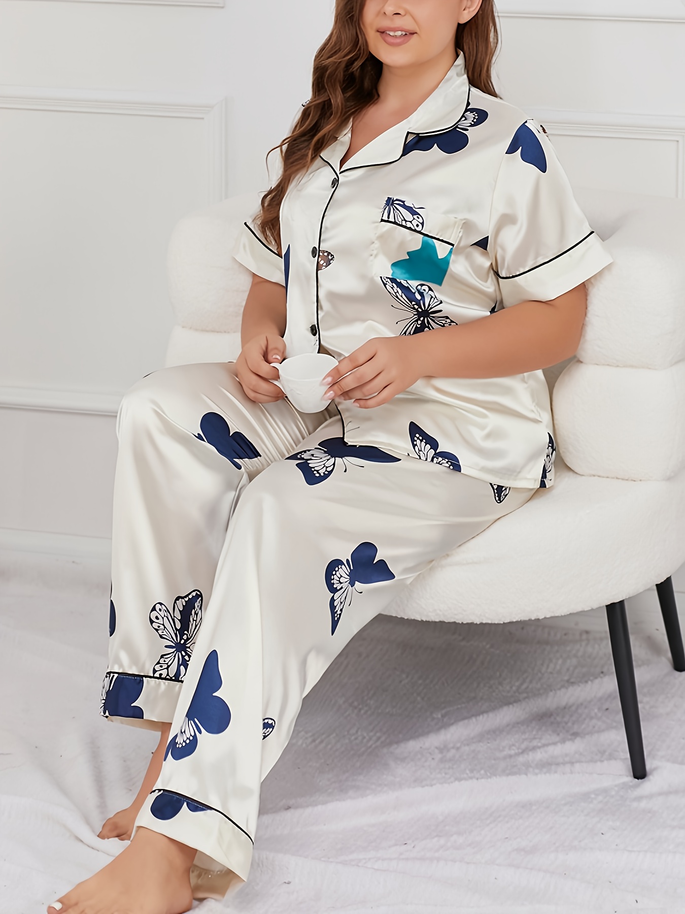 Plus Size Sexy Pajama Set, Women's Plus Butterfly Applique Satin Camisole &  Pants Pajamas Two Pieces Set