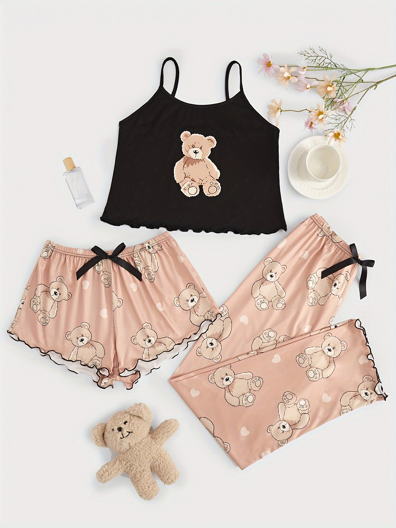Cartoon Bear Print Pajama Set, Long Sleeve Lapel Buttons Top & Ruffle  Pants, Women's Sleepwear & Loungewear