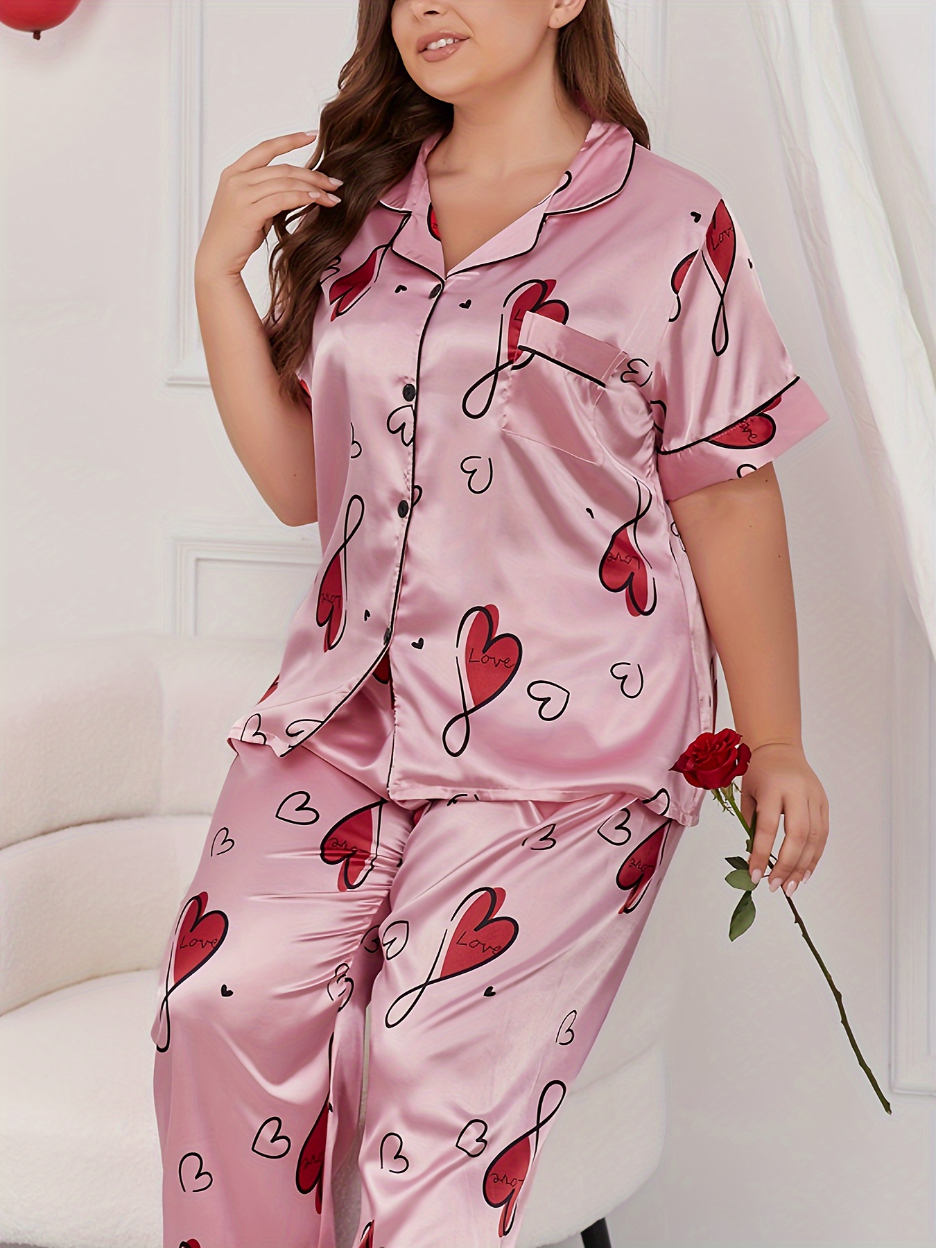 Plus Size Sexy Pajama Set, Women's Plus Butterfly Applique Satin Camisole &  Pants Pajamas Two Pieces Set