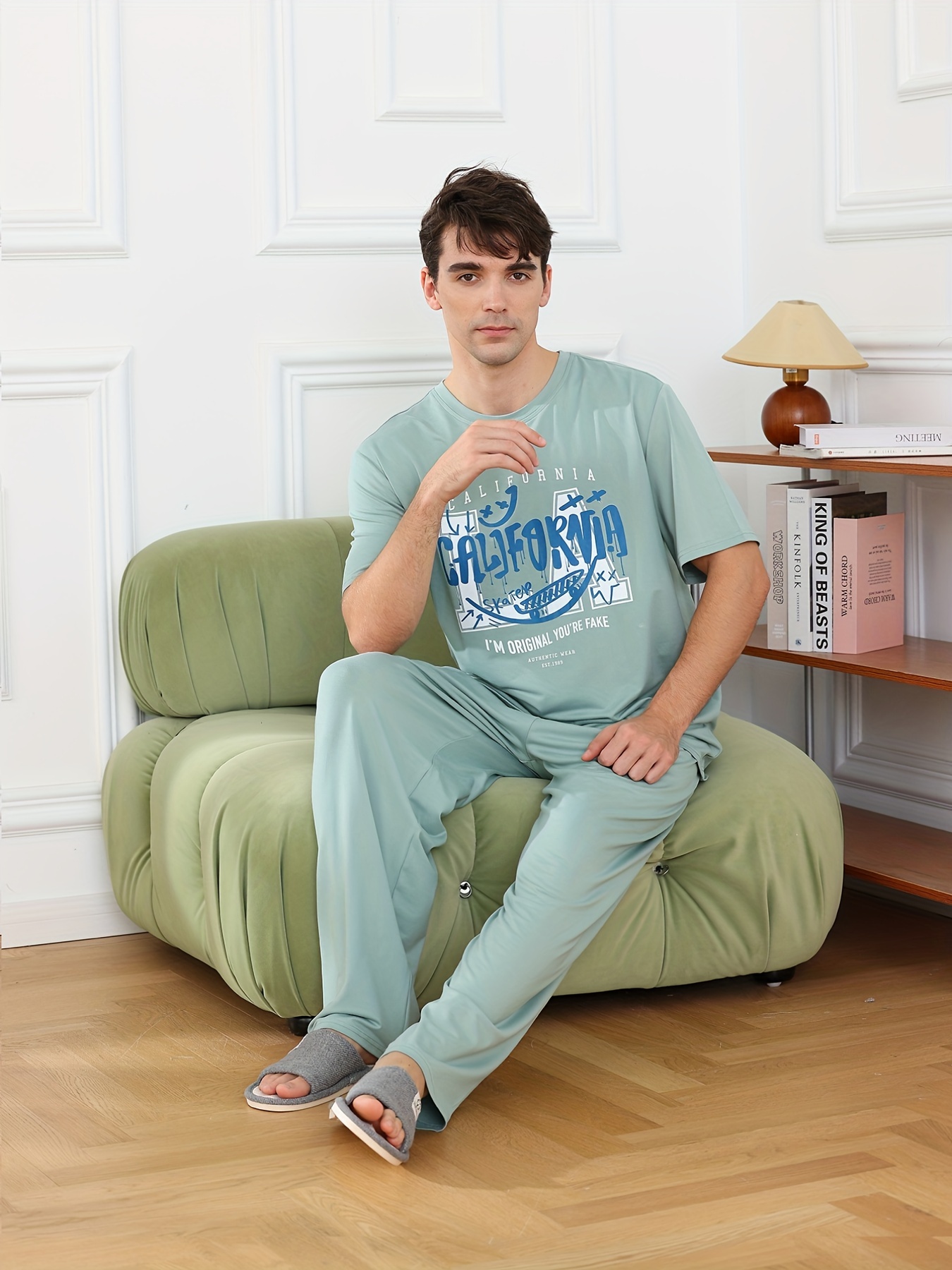 Men's Comfy Casual Home Pajamas Set Fashion Letter - Temu