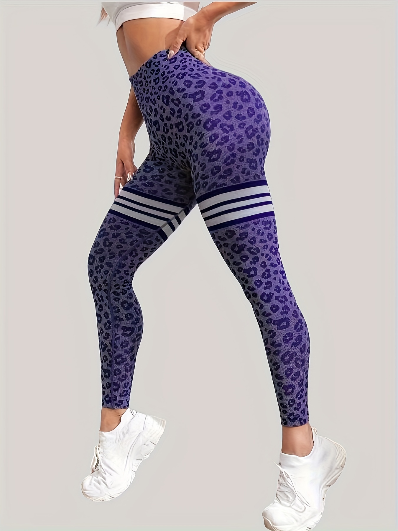Leopard Print Sports Leggings, Outdoor Casual Workout High Waist Stretch  Skinny Running Pants, Fitness Tummy Control Yoga Leggings